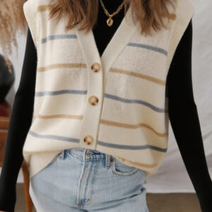 Multicolour Striped Print Button V Neck Sweater Vest