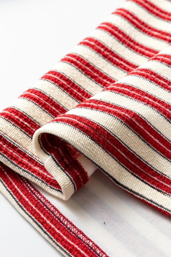 Dark Green Striped Print Contrast Collar Zip V Neck Long Sleeve Top