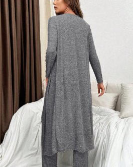 Dark Grey 3pcs V Neck T Shirt Ribbon Knot Pants Open Duster 3pcs Lounge Set