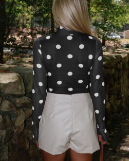 Black Vintage Polka Dot Print Mesh Long Sleeve Bodysuit