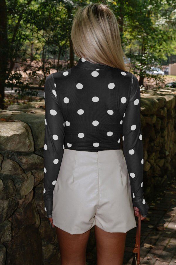 Black Vintage Polka Dot Print Mesh Long Sleeve Bodysuit
