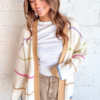 White Color Block Striped Open Front Cardigan With Pocket