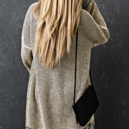 Apricot Plaid Knitted Long Open Front Cardigan