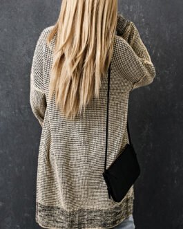 Apricot Plaid Knitted Long Open Front Cardigan