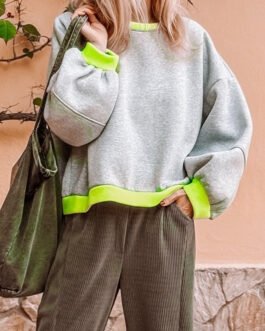 Light Grey Contrast Color Banding Patchwork Puff Sleeve Loose Sweatshirt