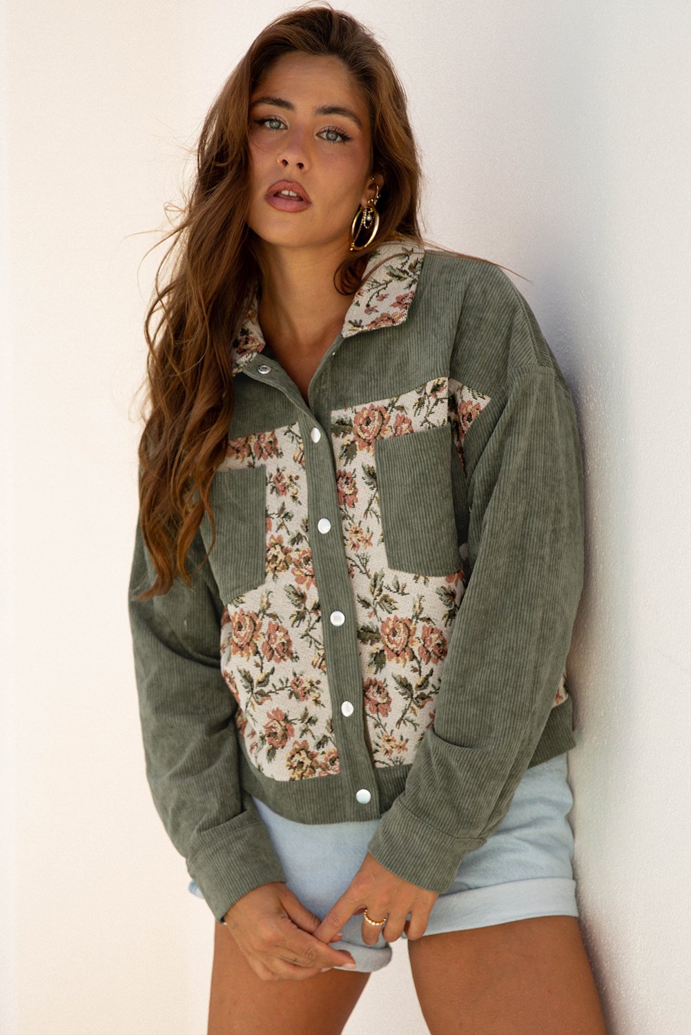 Clay Ribbed Retro Floral Patchwork Shirt Style Jacket - Image 7