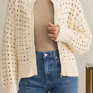 Beige Hollowed Pattern Knit Zip Up Drop Shoulder Sweater Cardigan