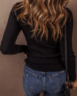 Black Ribbed Knit Collared Slim Fit Sweater Cardigan