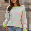 Rose Stripe Contrast Ribbed Trim Crossed Stitch Drop Shoulder Sweatshirt