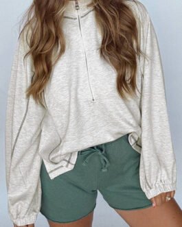 Light Grey Half Zip Stand Neck Seam Detail Long Sleeve Top
