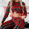 Red Festive Plaid Print Round Neck Long Sleeve and Pants 2 Piece Lounge Set
