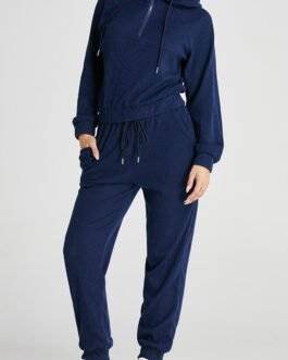 Navy Blue Ribbed Knit Cropped Hoodie and Drawstring Joggers Set