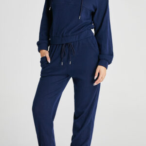 Navy Blue Ribbed Knit Cropped Hoodie and Drawstring Joggers Set