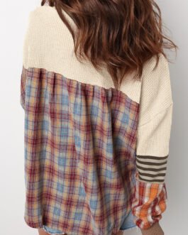 Beige Waffle Stripe Plaid Patchwork Henley Knit Top