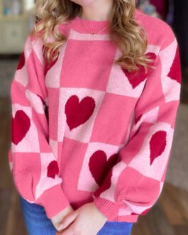 Pink Love Heart Checkered Valentine Crew Neck Sweater