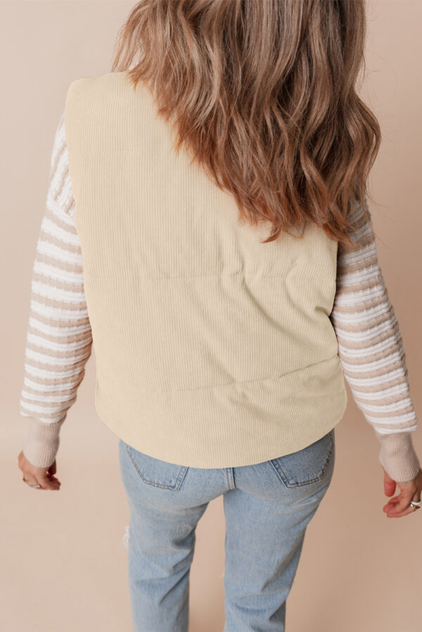 Beige Corduroy Stand Neck Zipped Puffer Vest