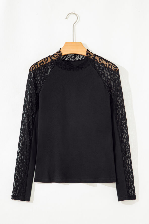Black Leopard Mesh Patchwork Knit Long Sleeve Top