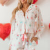 Light Pink Christmas Wine Glass Print Bow Knot Two Piece Pajama Set