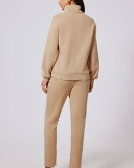 Parchment Solid Half Button Sweatshirt and High Waist Sweatpants Set