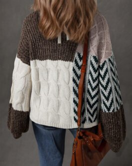 Brown Color Block Patchwork Knotted Back Loose Fit Sweater