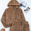 Parchment Zip Up Hoodie Drawstring Shorts Sherpa 2pcs Outfit