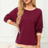 Rose Stripe Contrast Ribbed Trim Crossed Stitch Drop Shoulder Sweatshirt