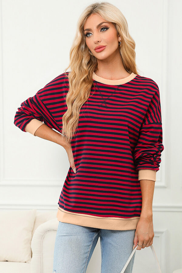 Rose Stripe Contrast Ribbed Trim Crossed Stitch Drop Shoulder Sweatshirt