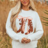 White Embroidered Bow Boots Graphic Drop Shoulder Sweater