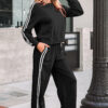 Black Varsity Striped Detail Crewneck Pullover Elastic Sweatpants 2pcs Outfit