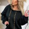 Black Leopard Contrast Drawstring Hood Drop Shoulder Loose Top