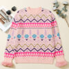 Multicolour Ethnic Christmas Pattern Knit Feather Cuffed Sweater