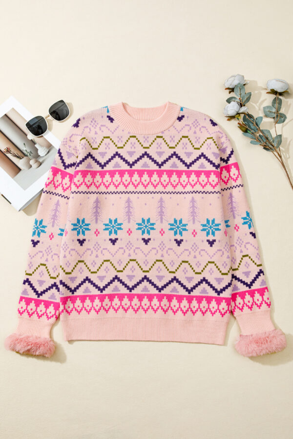 Multicolour Ethnic Christmas Pattern Knit Feather Cuffed Sweater