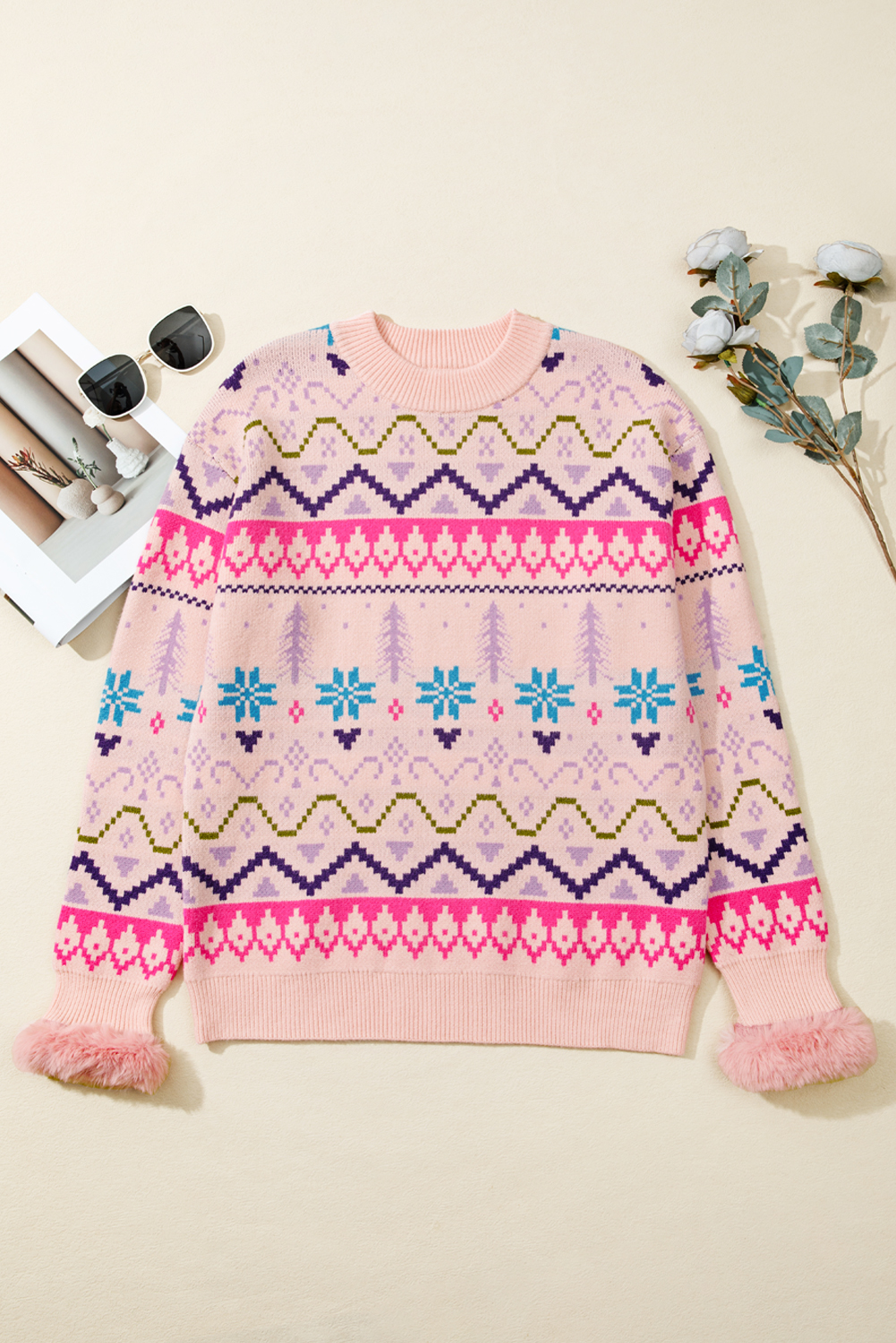 Multicolour Ethnic Christmas Pattern Knit Feather Cuffed Sweater - Image 7
