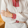 White Textured Knit Contrast Striped Accent Zipped Collar Pullover Top