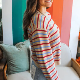 Khaki Stripe Drop Shoulder Cropped Long Sleeve Fall Sweater