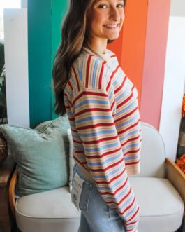 Khaki Stripe Drop Shoulder Cropped Long Sleeve Fall Sweater