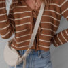 Chestnut Tie Front Striped Knit V Neck Cardigan Sweater