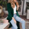 Green Velvet Open Front Pocketed Long Duster