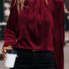 Red Dahlia Asymmetric Button Keyhole Neck Long Sleeve Velvet Blouse