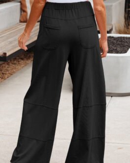 Black Mineral Wash Exposed Seam Drawstring Elastic Waistband Wide Leg Cargo Pants