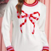White Striped Trim Bow Graphic Round Neck Drop Shoulder Sweater