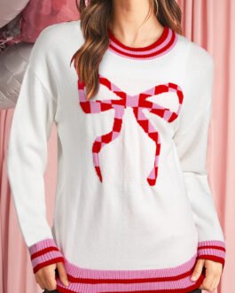 White Striped Trim Bow Graphic Round Neck Drop Shoulder Sweater