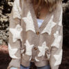 Green Sherpa Star Pattern Textured Sweater Cardigan with Pockets