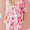 Pink Heart Print Shirt Style Silky Short Pajama Set