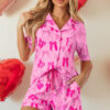 Pink Bow Print Half Sleeve Shirt and Shorts Pajamas Set