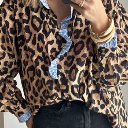 Brown Wild Leopard Print Contrast Striped Frilled Trim Chic Shirt