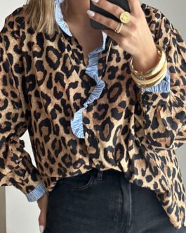Brown Wild Leopard Print Contrast Striped Frilled Trim Chic Shirt