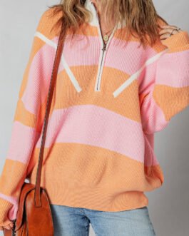 Orange Stripe Colorblock Half Zip Oversize Sweater