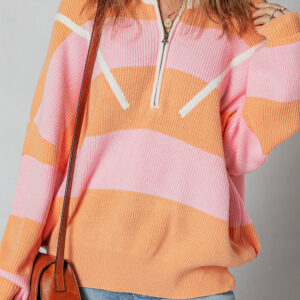 Orange Stripe Colorblock Half Zip Oversize Sweater