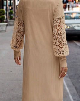 Parchment Lace Patchwork Ribbed Knit Open Front Duster Cardigan